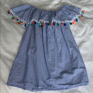 off the shoulder multicolor pom pom dress